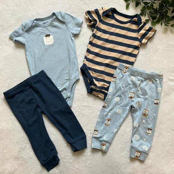 Pekkle Baby Outfit Set 4-pc 100% Cotton 9M | GUC Bodysuits Pants S’mores Stripe - Picture 1 of 16